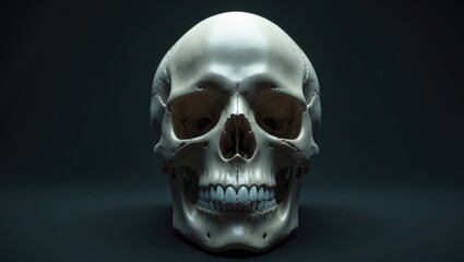 Frontal view of an open-mouthed human skull mirrored on a solitary backdrop