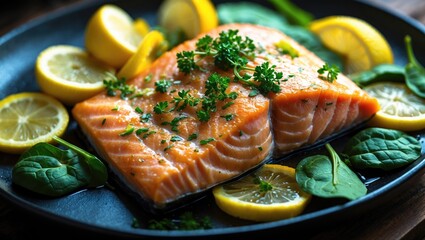 Grilled salmon fillet served with potatoes and veggies