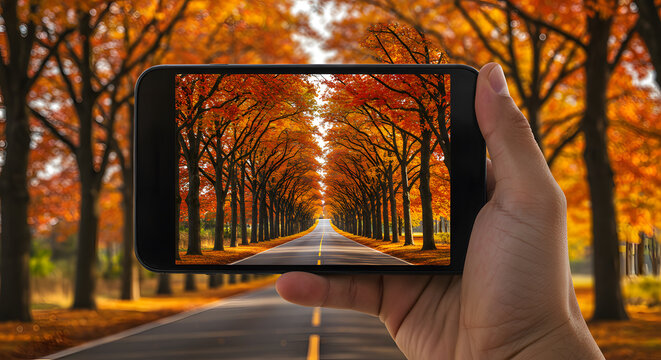 Autumn road trip photography taking photo with phone fall foliage scenic route mobile photography season