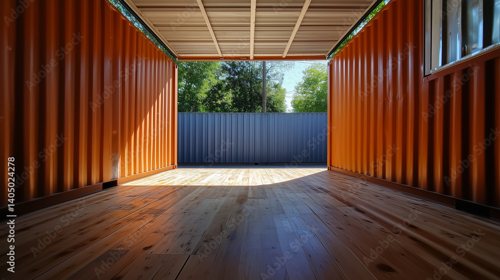Poster bright open container in fenced lot, clear view of wood plank floor and steel frame. perfect for sec