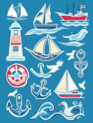 Explore nautical adventures with a vibrant sticker pack featuring anchors, ships, waves, and seagulls over a sea blue background