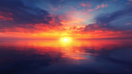 Vibrant Sunset Over Calm Ocean with Colorful Sky Reflection