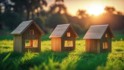 Eco-friendly wood model home in an open field at dusk idea for building and real estate