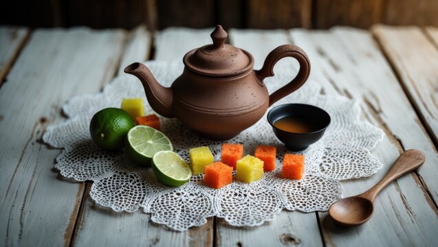 Tasting lemon tea in a vintage earthenware tea set, featuring a white crochet doily on a wooden tabletop. Selective focus.