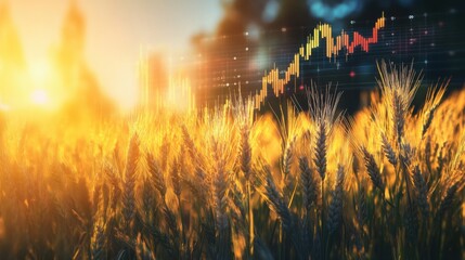  golden field of wheat with a rising stock market graph 
