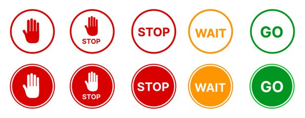 stop wait go symbols forbidden. Stop, wait and go sign symbol set with red, yellow and green color. Collection traffic signs symbol. Sign stop, go and wait isolated set. Vector illustration.
