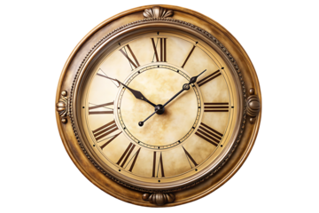 An isolated antique clock, a vintage time object with a round face and old dial, stands on a white background