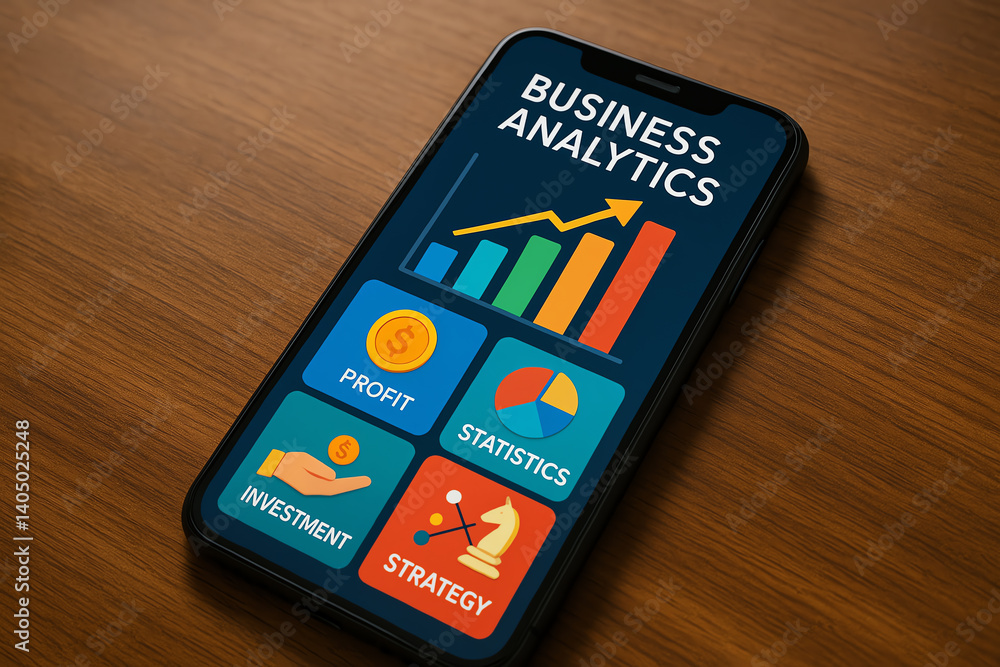 Poster mobile phone displaying a business analytics app with graphs, statistics, and investment strategies 