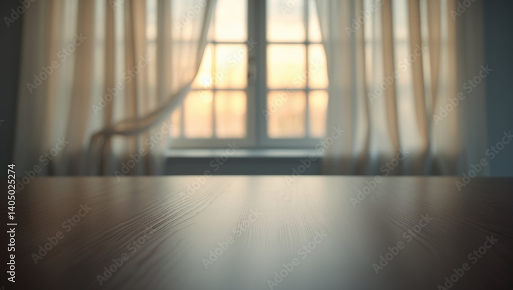 Poster selective focus on wooden table counter with blurred curtain window in the morning backdrop for prod