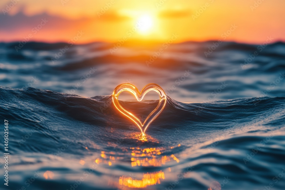 Aufkleber Ocean waves create a heartbeat line symbolizing the connection of life and water during a serene sunset