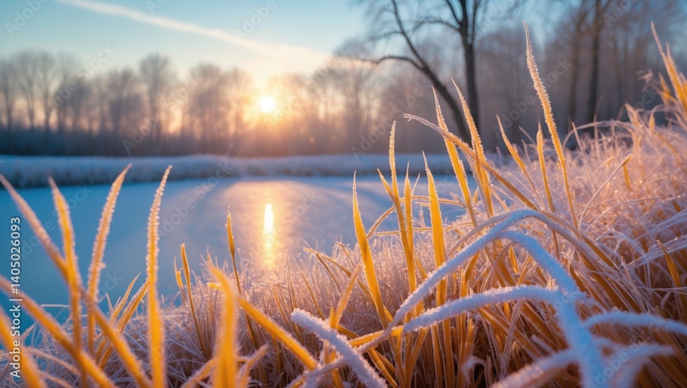 Poster frosty reeds and grass alongside a frozen pond with bare trees in the background and sunlight filter