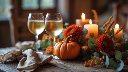 Fototapeta premium Autumn arrangement. Orange pumpkins, flowers, and candles on a wooden table. Comfortable fall theme, easy DIY decor, rustic style, wine