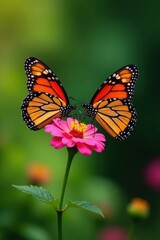 Pair of monarchs nectaring on bright bloom, lush green background, insect, flora, orange