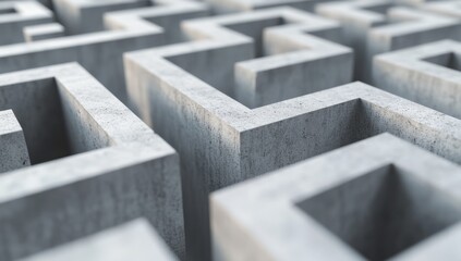 Abstract concrete maze pattern.  Complex, interlocking, geometric shapes create a challenging,  intricate path.  Detailed close-up view highlights textures and shadows