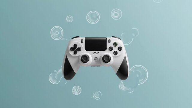 Wireless black and white gamepad hovering against light blue background, surrounded by animated bubbles and dynamic circular motion, creating minimal technological aesthetic