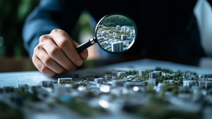 Urban planner examines detailed city map with a magnifying glass. Focused on finding the perfect plot for a residential construction project, highlighting real estate investment an