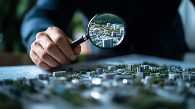 Urban planner examines detailed city map with a magnifying glass. Focused on finding the perfect plot for a residential construction project, highlighting real estate investment an