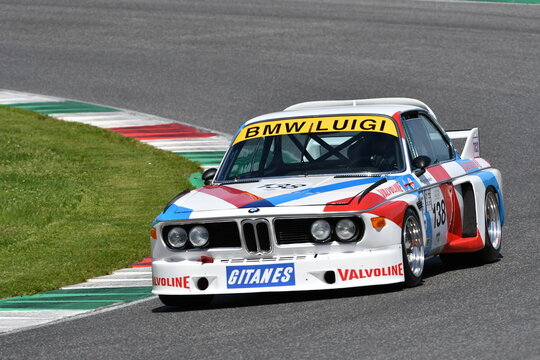 Scarperia, Italy - April 5th 2024: BMW 3.0 CSL year 1975 in action during Mugello Classic 2024 at Mugello Circuit in Italy.