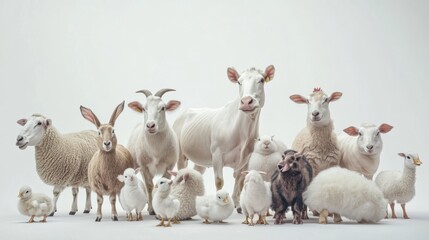 Fototapeta premium A group of farm animals standing together on a pure white background,