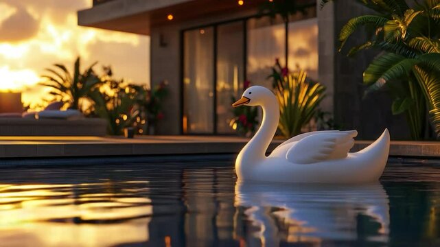 White swan float in pool at sunset
