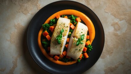 Oven-roasted sea bass served on a dark plate