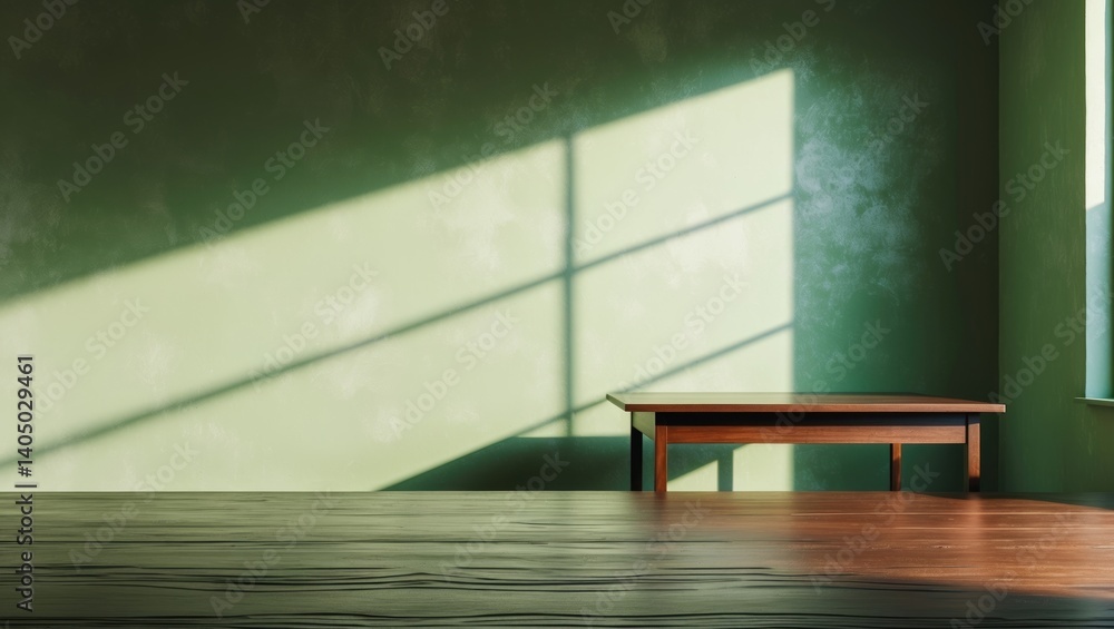 Poster empty tabletop set against a plaster wall. design with window shadows and light glints. presentation