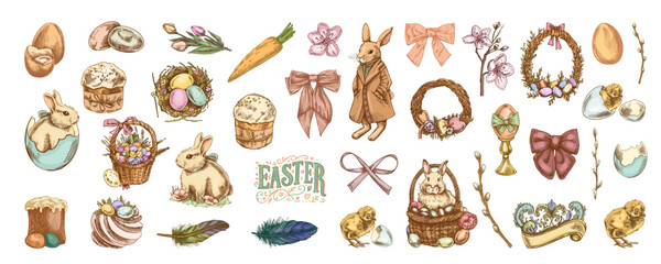 Obraz premium Vintage easter holiday hand drawn colored sketch illustration set in engraved style