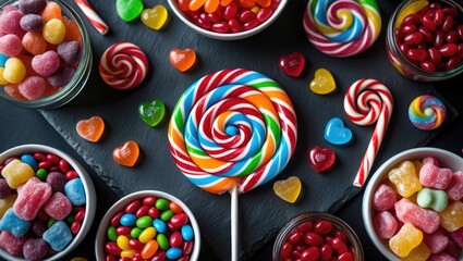 Vibrant assortment of candy in bowls and jars, featuring candy canes and rainbow spiral lollipops on black with scattered candy hearts and jellybeans surrounding a central area on slate