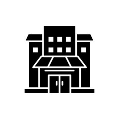 Black filled icon showing a hotel with a modern entrance design