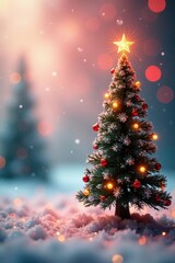Obraz premium Vibrant, sharply focused tree against clean background; bokeh highlights holiday spirit , template, winter