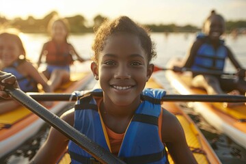 Joyful african young girls kayaking at sunset on a peaceful lake