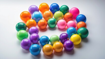 Many colorful plastic balls on a white backdrop
