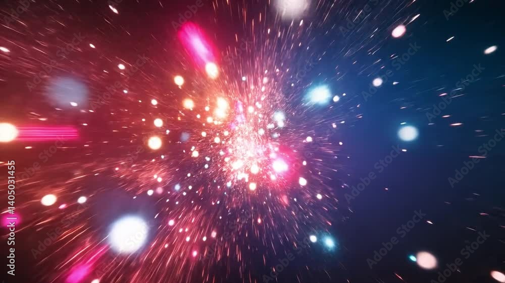 Poster vibrant explosion of colorful light particles creates dynamic cosmic effect, evoking wonder and exci