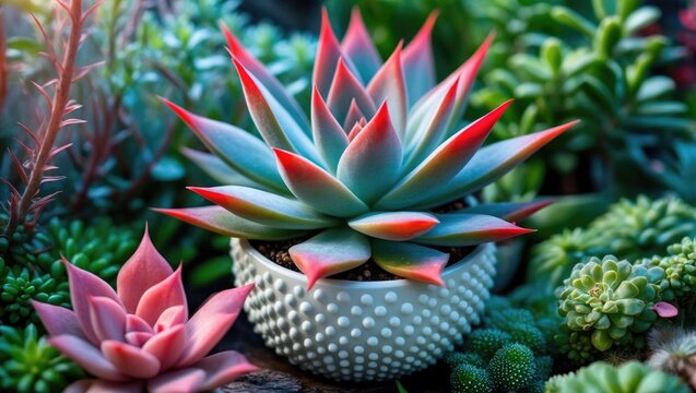 Information on a rare succulent in a modern planter within an interior space. Colorful pink crassa and enchanting spell.