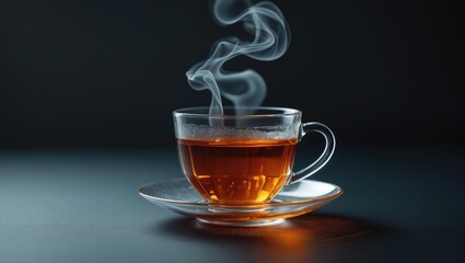 Steaming black tea in a clear glass cup