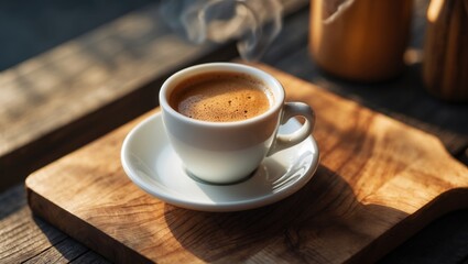 Fototapeta premium Coffee cup on table with food backdrop