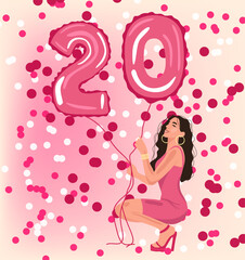 Illustration of cute girl with balloons celebrating birthday on light pink background.