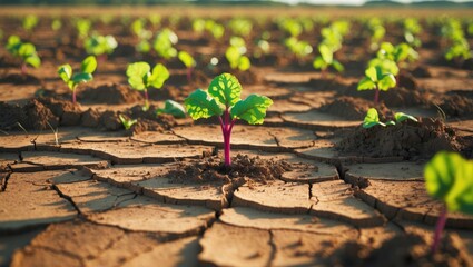 Beetroot plants in the plantation affected by weevil, a significant crop pest. Soil cracking resulting from insufficient water.