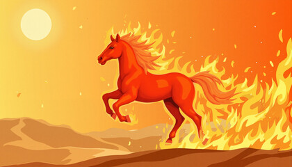 Fiery horse galloping through flames against a sunset background, 2026  