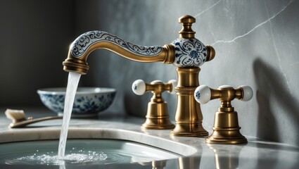 Naklejka premium Bathroom fixtures in brushed brass with ceramic details