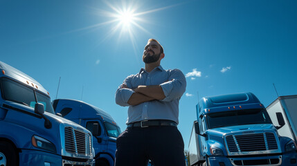 Fleet of bright blue trucks gleams in sun as confident warehouse manager poses in center, signaling efficient distribution power