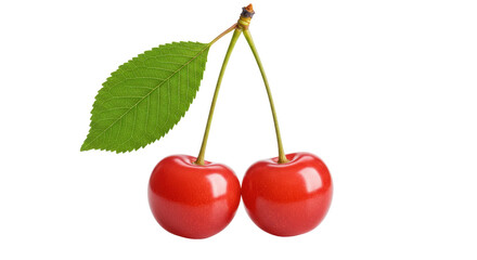 Isolated Two Cherries with Stem and Leaf