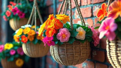 Obraz premium Close-up of stunning begonia flowers arranged in baskets
