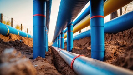 Insulated pipeline. Broad metal pipes encased in a plastic covering positioned in a trench. Current system for hot water supply and heating.