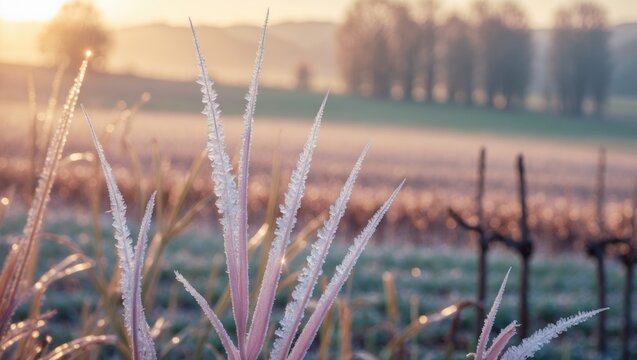 Frosted grass glistens in the warm sunlight, with a vineyard in the foggy morning as a backdrop. A peaceful display of nature's beauty.