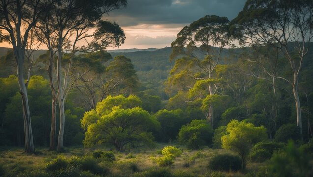 Stunning gum trees and shrubs in the bush forest. Native plants and gumtrees flourishing in spring