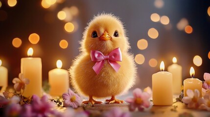 A charming fluffy chick wearing a pink ribbon decorates a serene scene of candles and blooms.