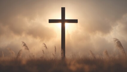 Concept of Easter Sunday: Cross silhouette with a blurred background