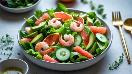 Flavorful fresh salad containing shrimp, grapefruit, avocado, cucumber, and mixed greens. Wholesome food.