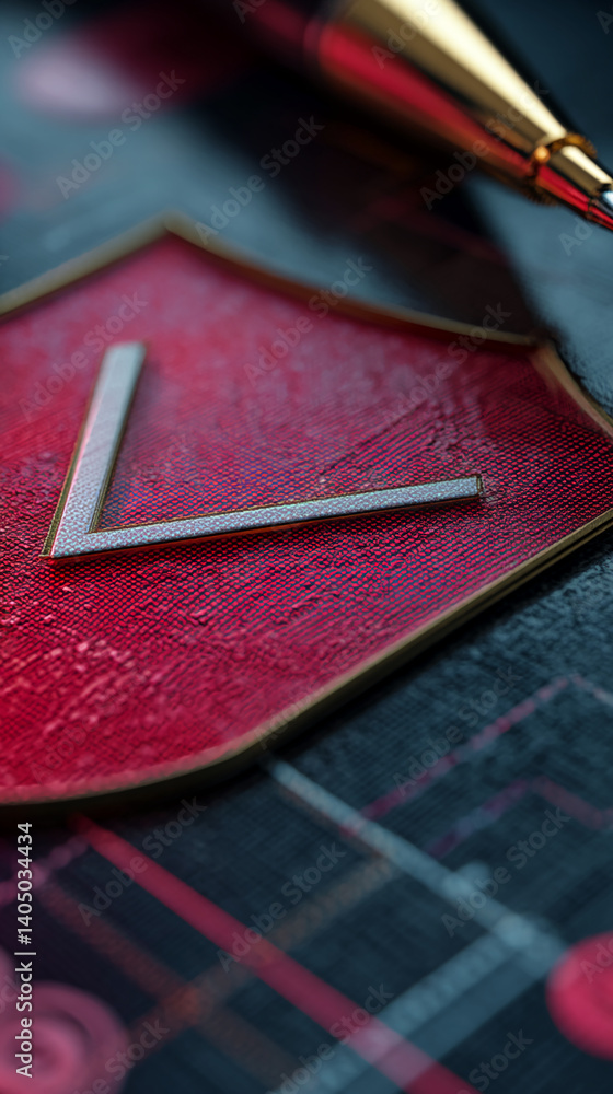 Poster close-up of red textured shield with a silver checkmark, showcasing a concept of security or approva